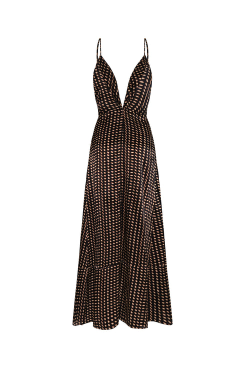 Sabina Satin Silk Midi Dress / Black & Ivory Seeds